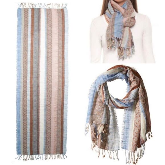 PRANA Mae Scarf Wrap Fringed Striped Tan Blue Cream Multicolored 100% Wool - Picture 1 of 8